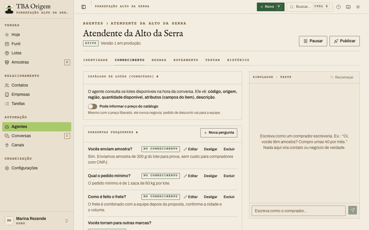 Lista de perguntas frequentes na aba Conhecimento, com pergunta, resposta e a etiqueta No conhecimento