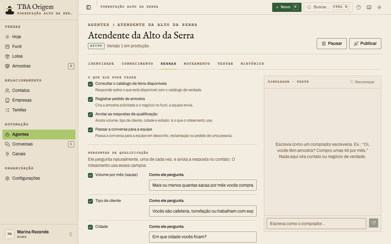 Aba Regras com as ferramentas do agente, as perguntas de qualificação, as proibições e o horário de atendimento