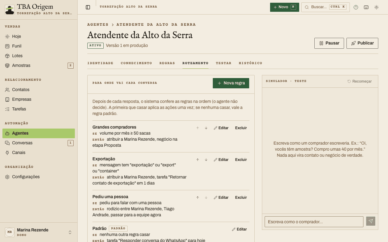 Aba Roteamento com a lista de regras se e então, a regra Padrão no fim e o botão Nova regra