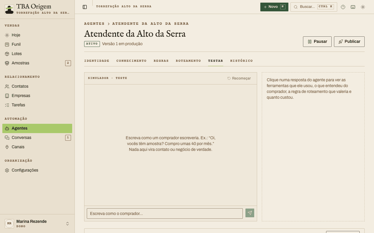 Simulador de WhatsApp na aba Testar, com a conversa à esquerda e o painel O que o agente fez à direita
