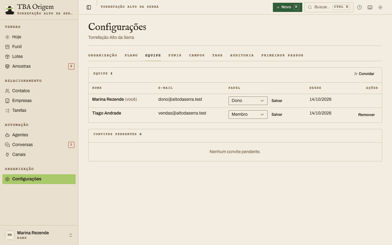 Configurações › Equipe com a tabela de nome, e-mail, papel e data de entrada, e o botão Convidar