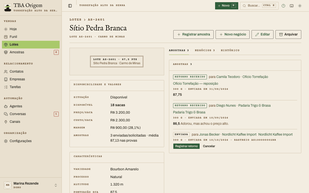 Ficha de um lote com o código em etiqueta, o quadro Disponibilidade e valores e as abas Amostras, Negócios e Histórico
