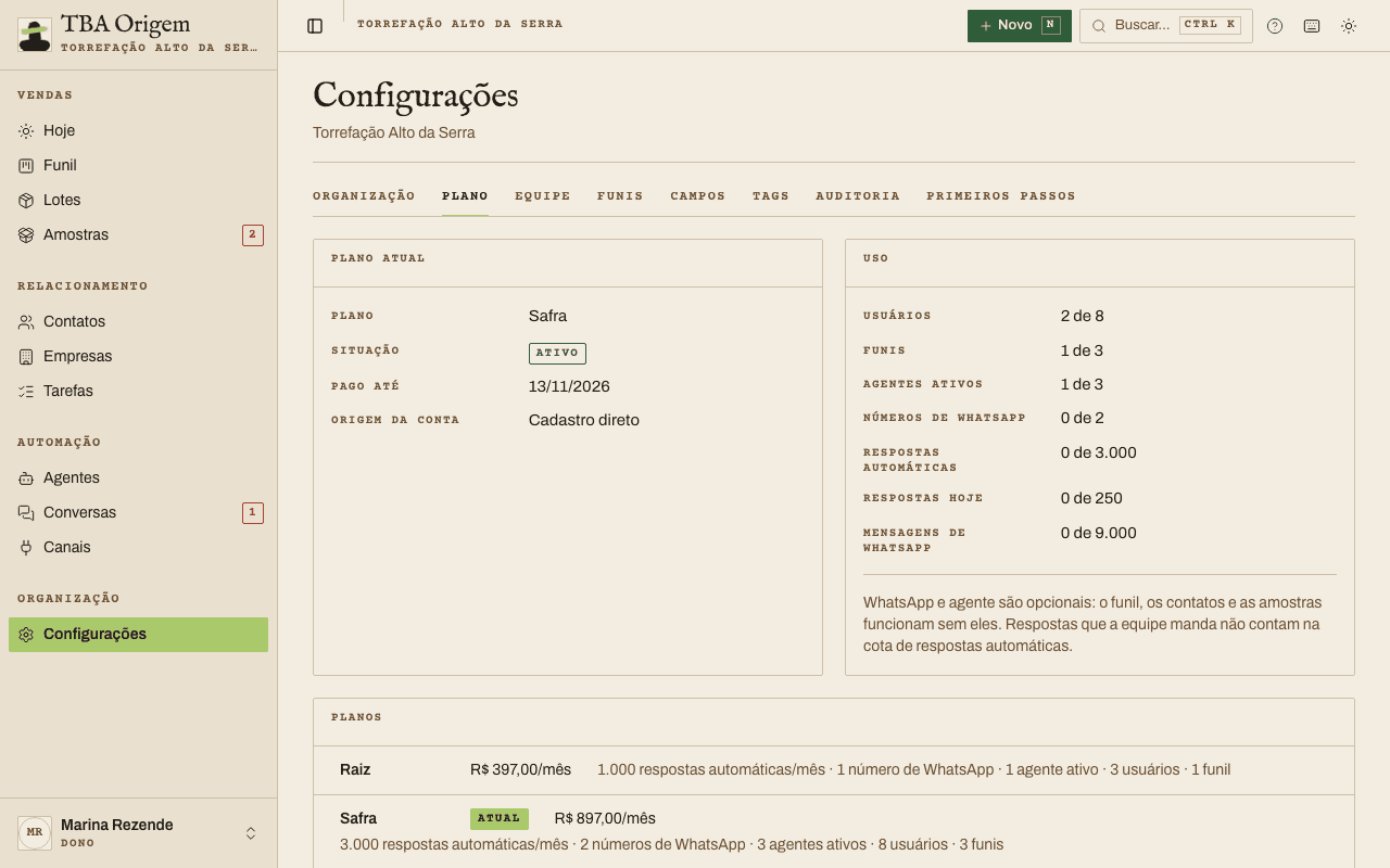 Configurações › Plano com a situação Mês grátis e a data de término